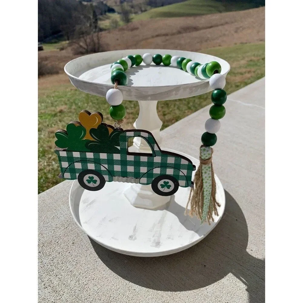 St Patrick’s Day Truck Tiered Tray Decor, St Patrick’s Day Beaded Garland Decor